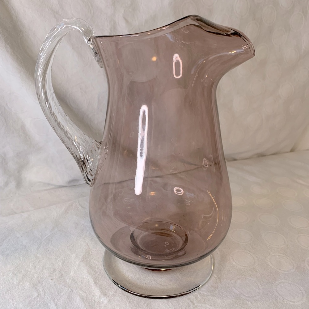Purple Glass Hand Blown Footed Pitcher w/ Clear Twisted Handle